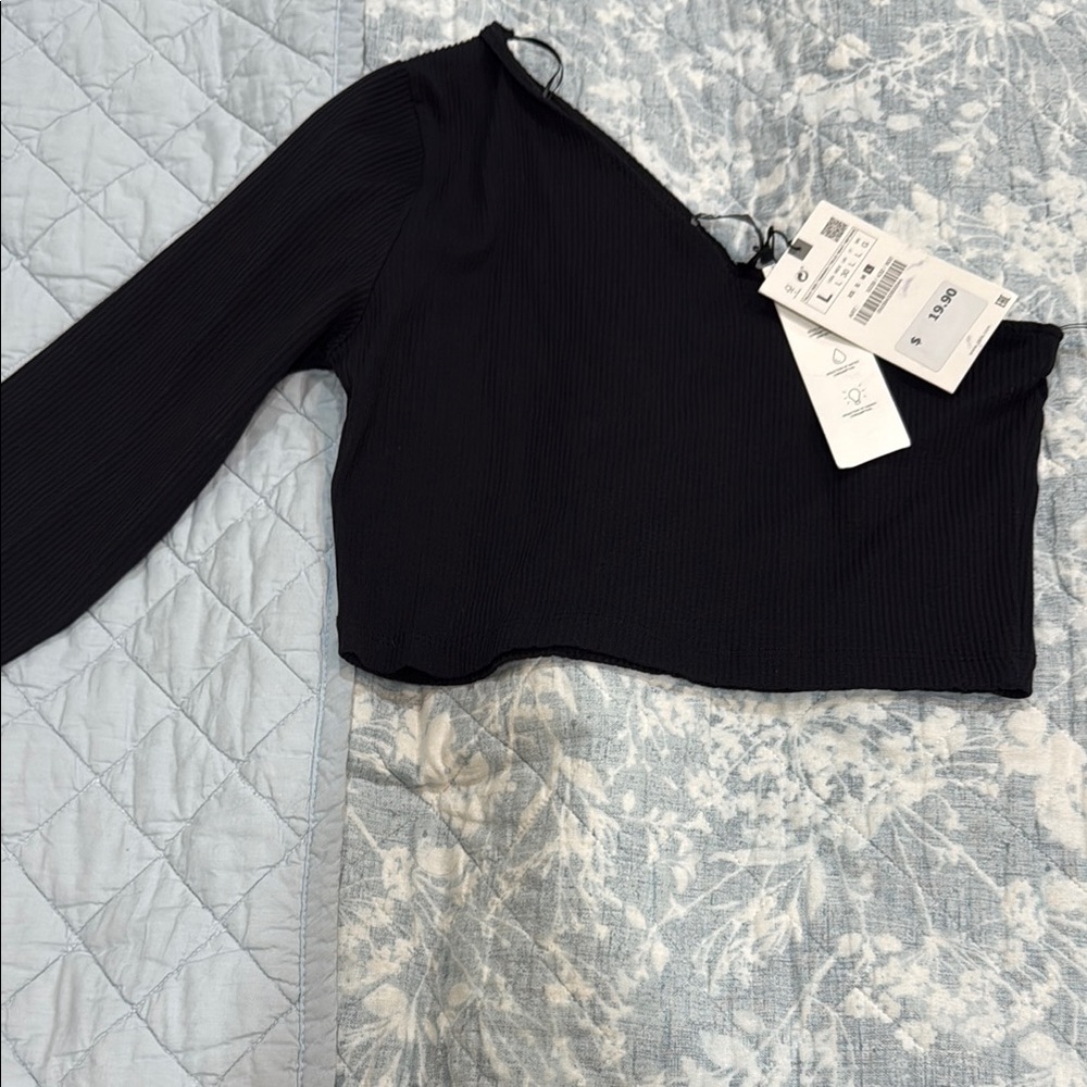 Zara Black Asymmetrical 3/4 Sleeve Bodysuit